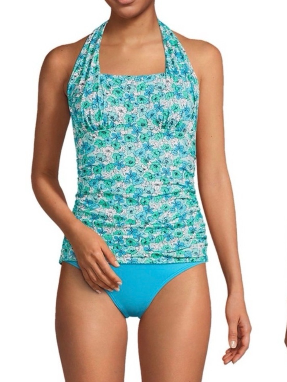 Lands end Teal Floral Halter Tank swim top